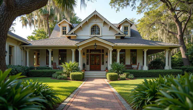 Eye-level view of historic Fort Pierce home exterior with detailed woodwork