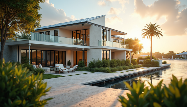 Eye-level view of a waterfront home in Stuart with soft morning sunlight illuminating the facade