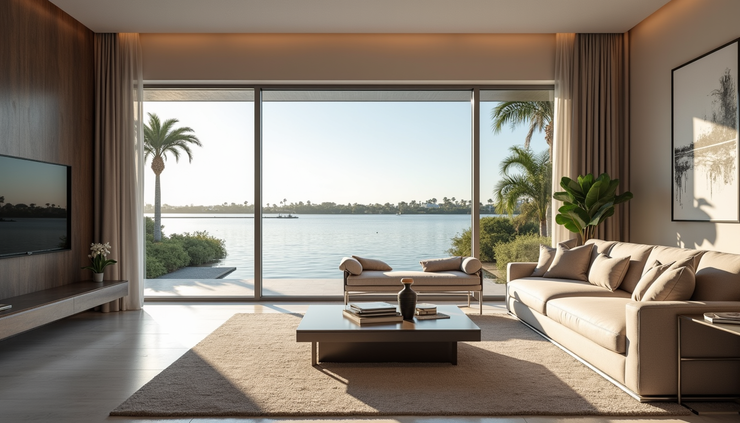 Eye-level view of Palm City luxury home living room with water view