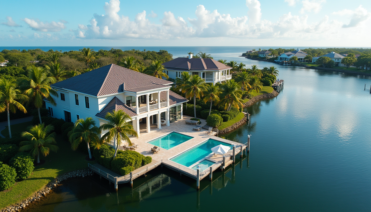 High angle view of a waterfront home exterior featured in a Stuart Matterport virtual tour