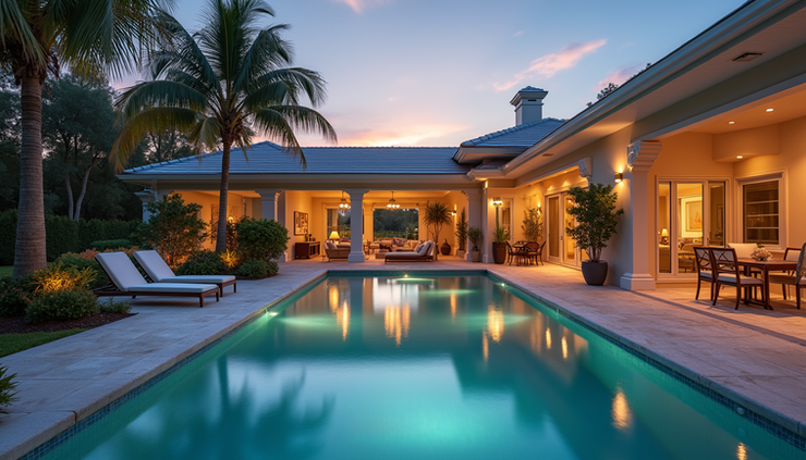 Eye-level view of a luxury home’s outdoor living area with pool and sunset lighting