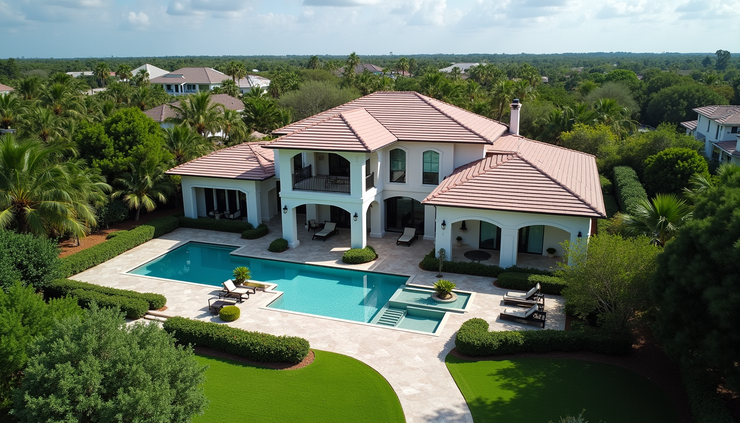 Eye-level view of luxury home exterior with drone capturing aerial perspective