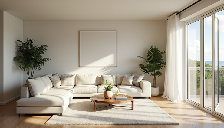 Wide angle view of a spacious living room with natural light in a Fort Pierce home