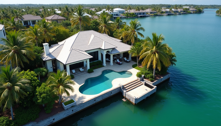 High angle view of a luxury waterfront home with a large pool and lush landscaping