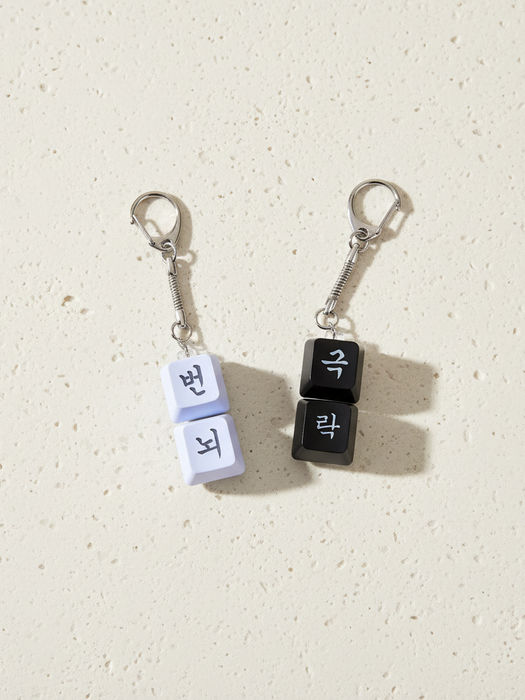 베이지색 배경 위에 놓인 두 개의 키캡 모양 키링. 왼쪽 흰색 키링에는 한글로 '번뇌', 오른쪽 검은색 키링에는 '극락'이라고 적혀 있다.