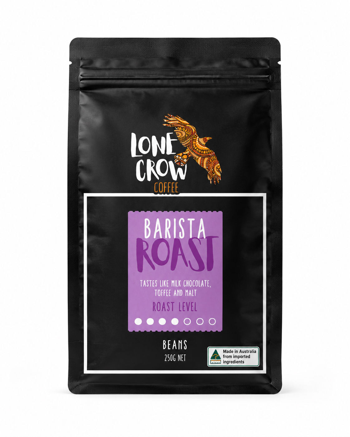 Lone Crow Coffee Barista Roast 250g medium roast specialty coffee available as whole beans or ground coffee.