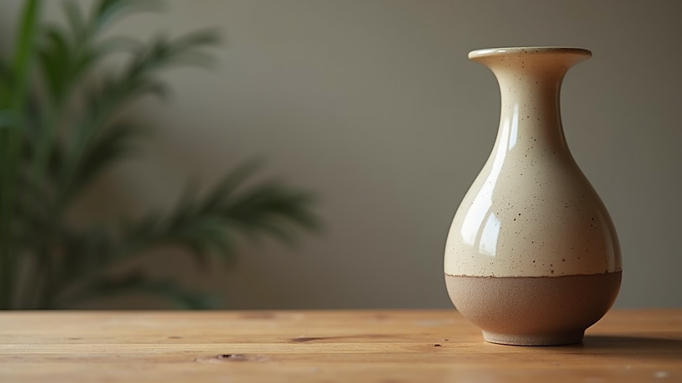 Close-up view of a handcrafted ceramic vase on a wooden table