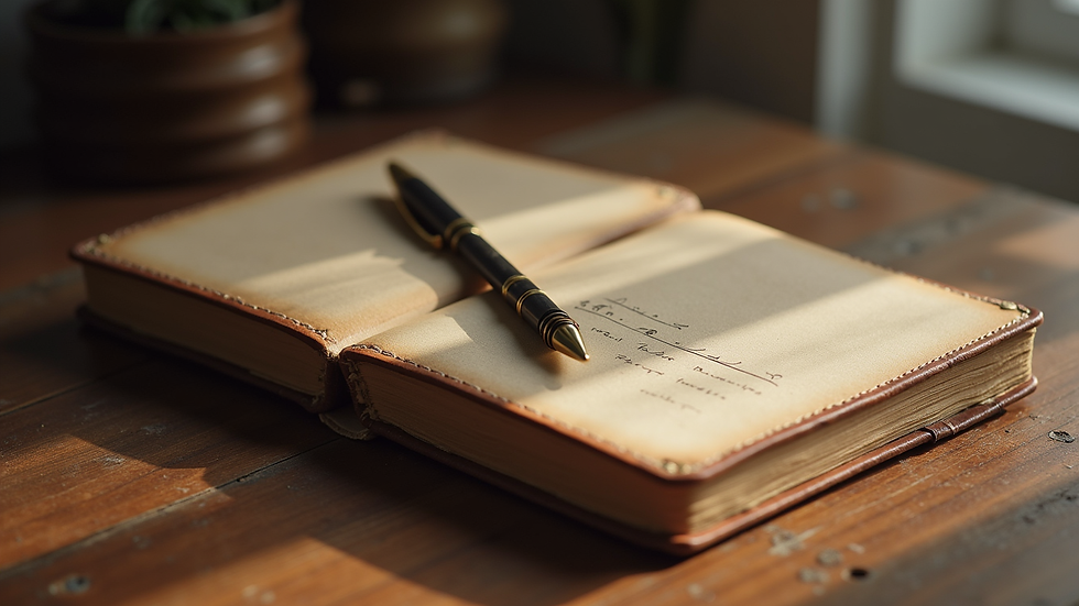 Eye-level view of a personalized leather journal with a pen on a wooden desk