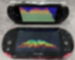 Sony PSP above showing the TRAX LED bars and PS Vita below showing the waterfall visualization as a rainbow mesh