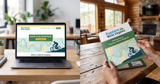 A split-screen photograph demonstrating unified brand identity for a tourism company. On the left, a laptop on a modern wooden office desk displays a clean booking website for "Explore West Virginia"