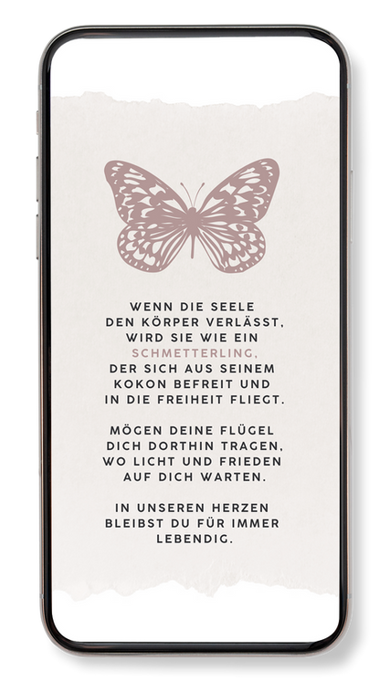 Digitale Trauerkarte/Traueranzeige optimiert für Smartphone. Altrosa illustrierter Schmetterling mit Trauerspruch über Schmetterlinge, auf altrosa Papier