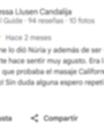 Opinión en Google sobre su primera experiencia con el Masaje Californiano, realizada por Nuria.