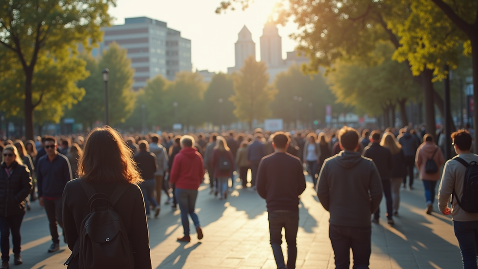 Eye-level view of a community gathering in a downtown park