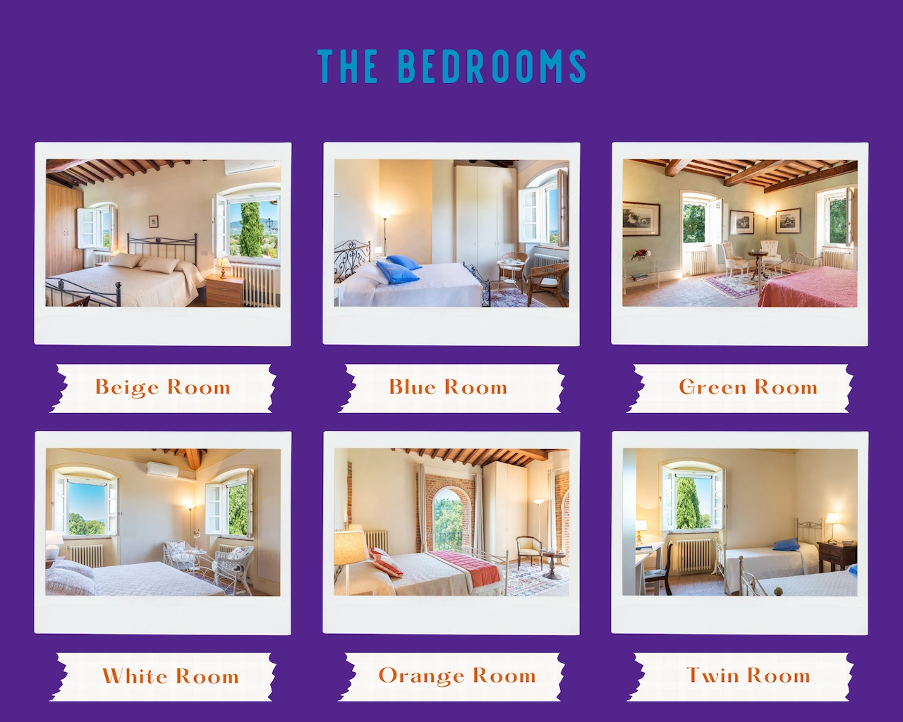 Grid of 6 images with the title "The Bedrooms." Image 1, "Beige Room" shows a spacious room with open windows, a large cast-iron bed, and beige linens. Image 2, "Blue Room" shows a spacious room with open windows, a large cast-iron bed, comfortable sitting chairs, and white and blue linens. Image 3, "Green Room" shows a spacious room with open windows overlooking the surrounding greenery, a large bed with pink linens, comfortable chairs and small table, and art on the walls. Image 4, "White Room" shows a spacious room with open windows, a large bed, comfortable in-room seating, and white linens.  Image 5, "Orange Room" shows a spacious room with opened arch windows, a large cast-iron bed, comfortable seating, a small table, and orange linens. Image 6, "Twin Room" shows a spacious room with open windows, two smaller cast-iron beds, white linens, and a small area that might be used as a writing nook.