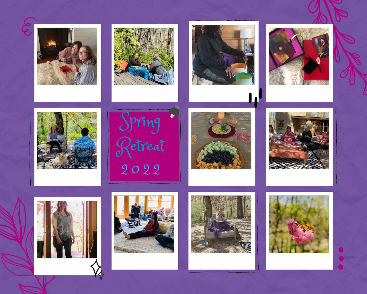 A grid of 12 images arranged like classic polaroids depicting people relaxing outdoors in a wooded area, lounging next to a fireplace, using singing bowls, eating food, and making collages.
