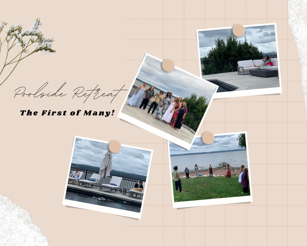 7 images arranged like classic polaroids on a scrapbook page depicting people relaxing on overstuffed chairs while writing, lounging on the beach, sitting at a dining table, and taking group selfies in warm winter clothing.