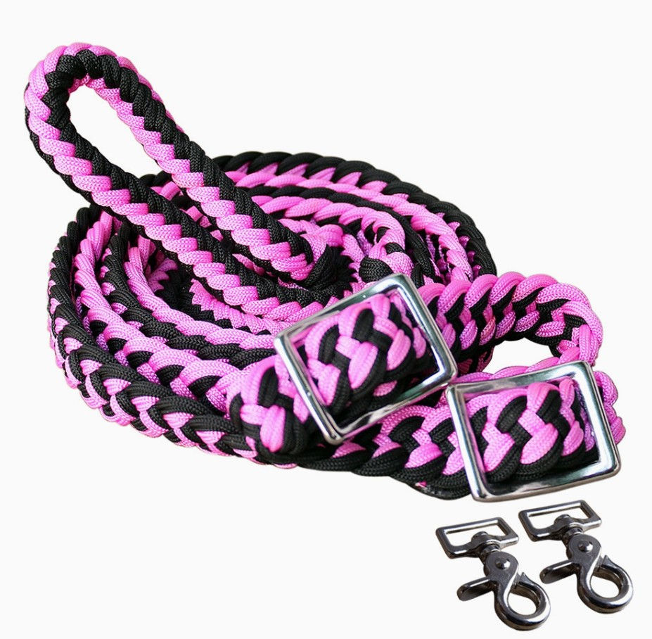 Thumbnail: 1" X 8ft Hilason Braided Poly Barrel Horse Racing Reins Flat Grip Knots w/ Snaps