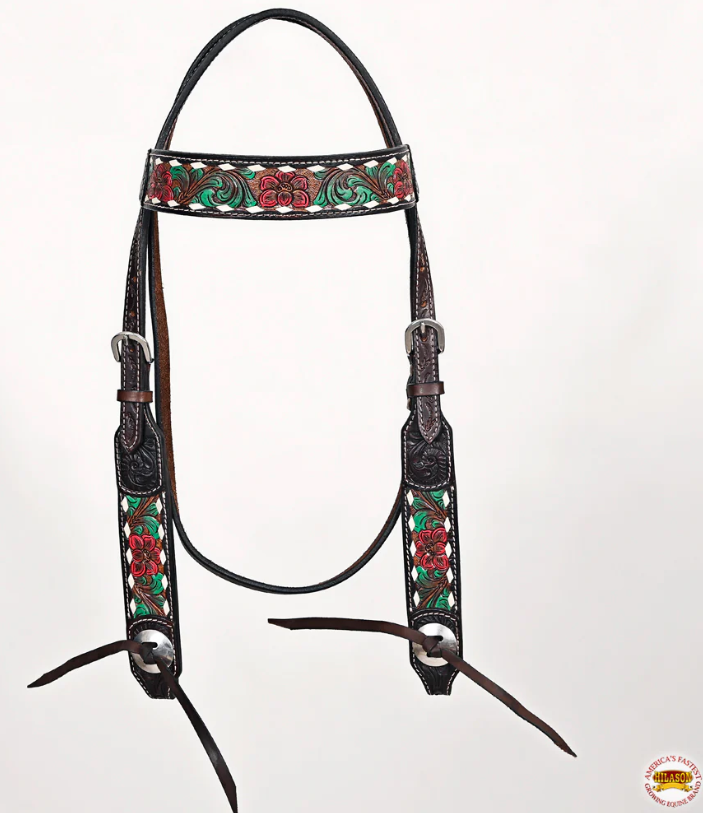 Thumbnail: Hilason Floral Tooled Browband Headstall – Red & Green Inlay 225