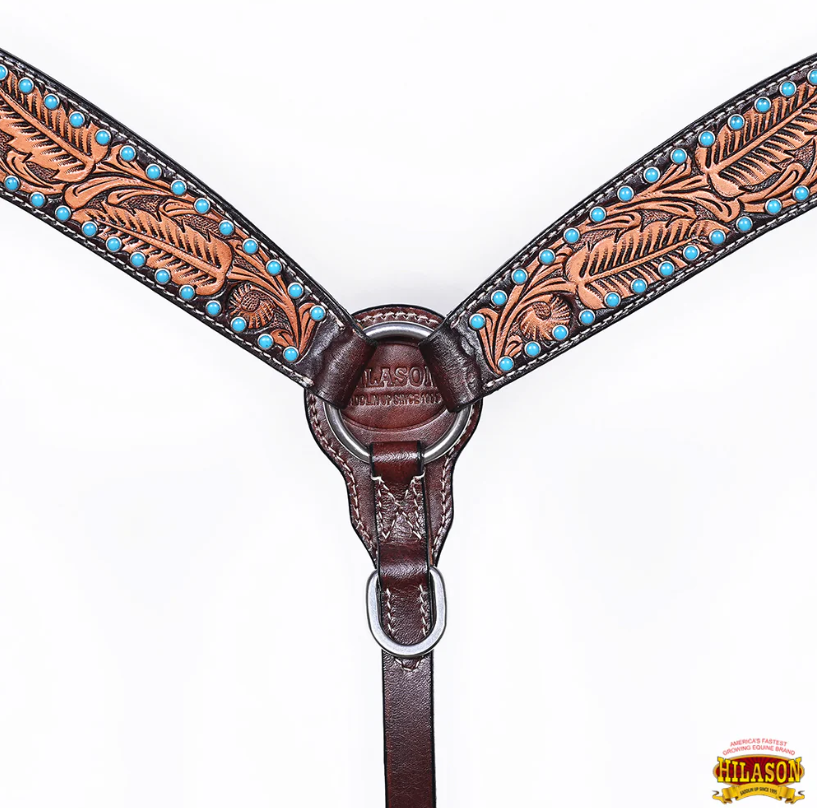 Thumbnail: Hilason Turquoise Studded Floral Tooled Headstall & Breast Collar Set 305