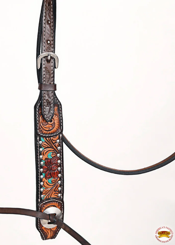 Thumbnail: Hilason Floral Tooled Browband Headstall & Breast Collar Set – Turquoise & Burg