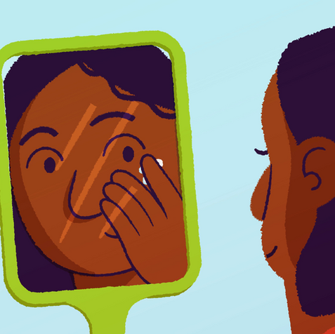 Illustration of a young girl rubbing in sunscreen while looking in a mirror.