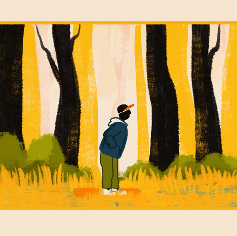 Illustrated figure standing in yellow woods