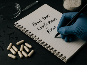 Gloved hand writing 'Head Shot + Lion’s Mane = Focus' in a notebook on a lab bench, surrounded by capsules, chemical diagrams, and scientific equipment.