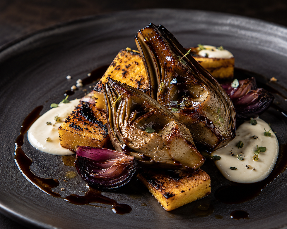 Carciofo Laccato al Barolo, Polenta Croccante, Castelmagno e Cipolla Rossa Bruciata (Italian Barolo-Glazed Artichoke with Crispy Polenta and Castelmagno)