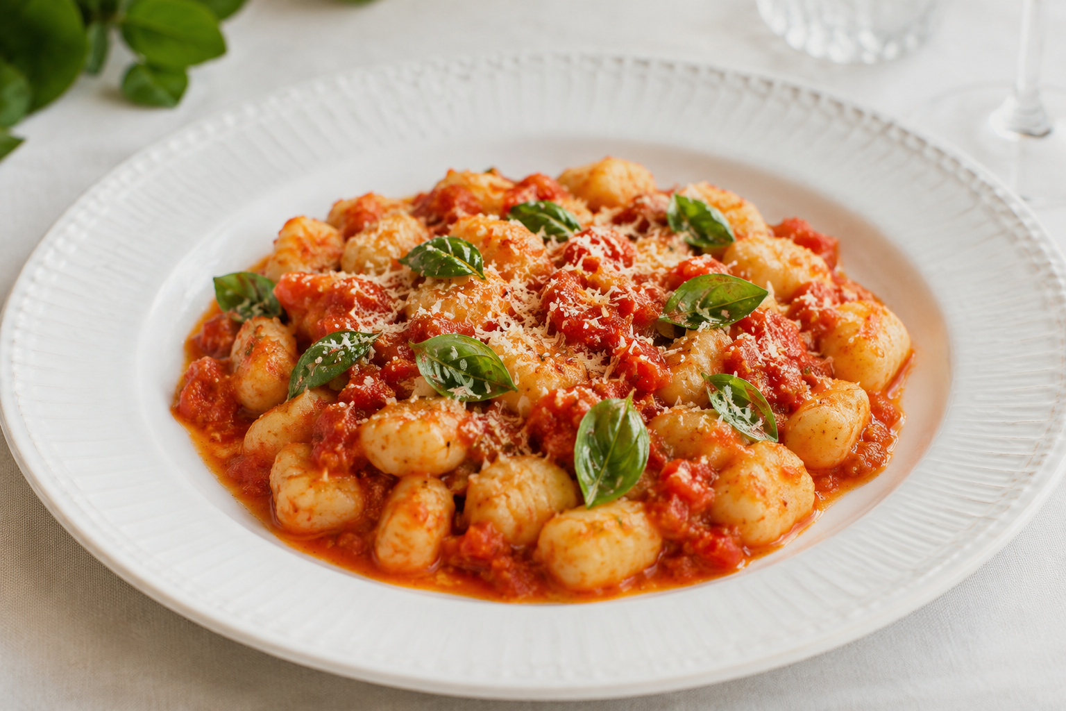 Italian ricotta gnocchi with fresh tomato sauce, basil and Parmigiano Reggiano