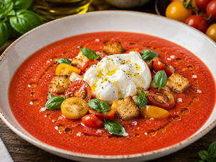 Gazpacho Mediterraneo di Pomodoro, Burrata e Basilico (Italian Mediterranean Tomato Gazpacho with Burrata & Basil)