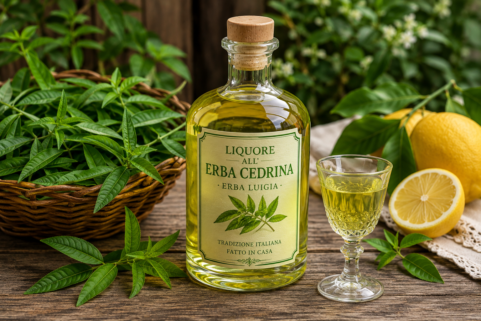 Homemade Italian lemon verbena liqueur with fresh erba cedrina leaves and lemon