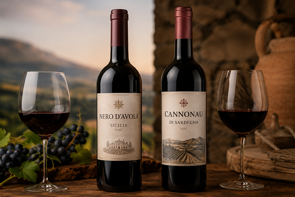 Nero d'Avola and Cannonau labeled bottles side by side