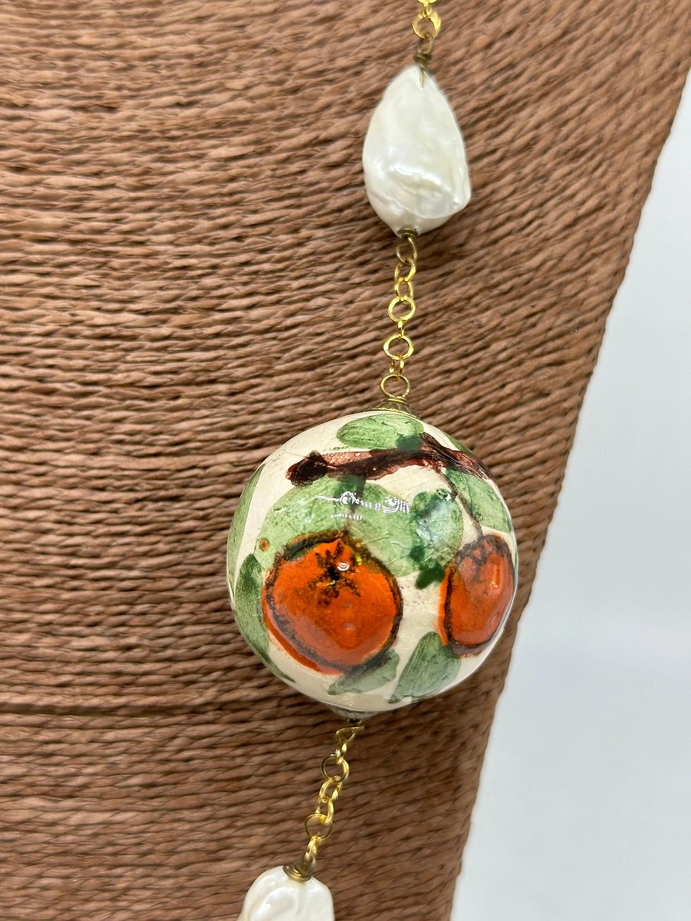 Thumbnail: Bordeaux Stone Necklace with Decorated Caltagirone Ceramic Sphere and Pearls