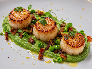Capesante Scottate con Purea di Piselli, Menta Fresca e Guanciale Croccante - Seared Scallops with Sweet Pea Purée, Fresh Mint and Crispy Guanciale