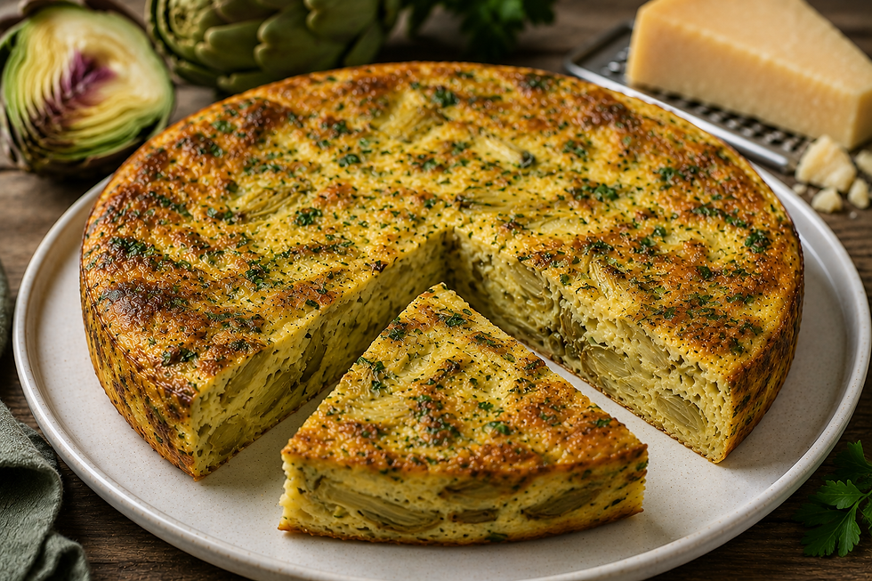 Italian Artichoke Egg Torta — Torta di Uova ai Carciofi, plated egg torta with artichokes