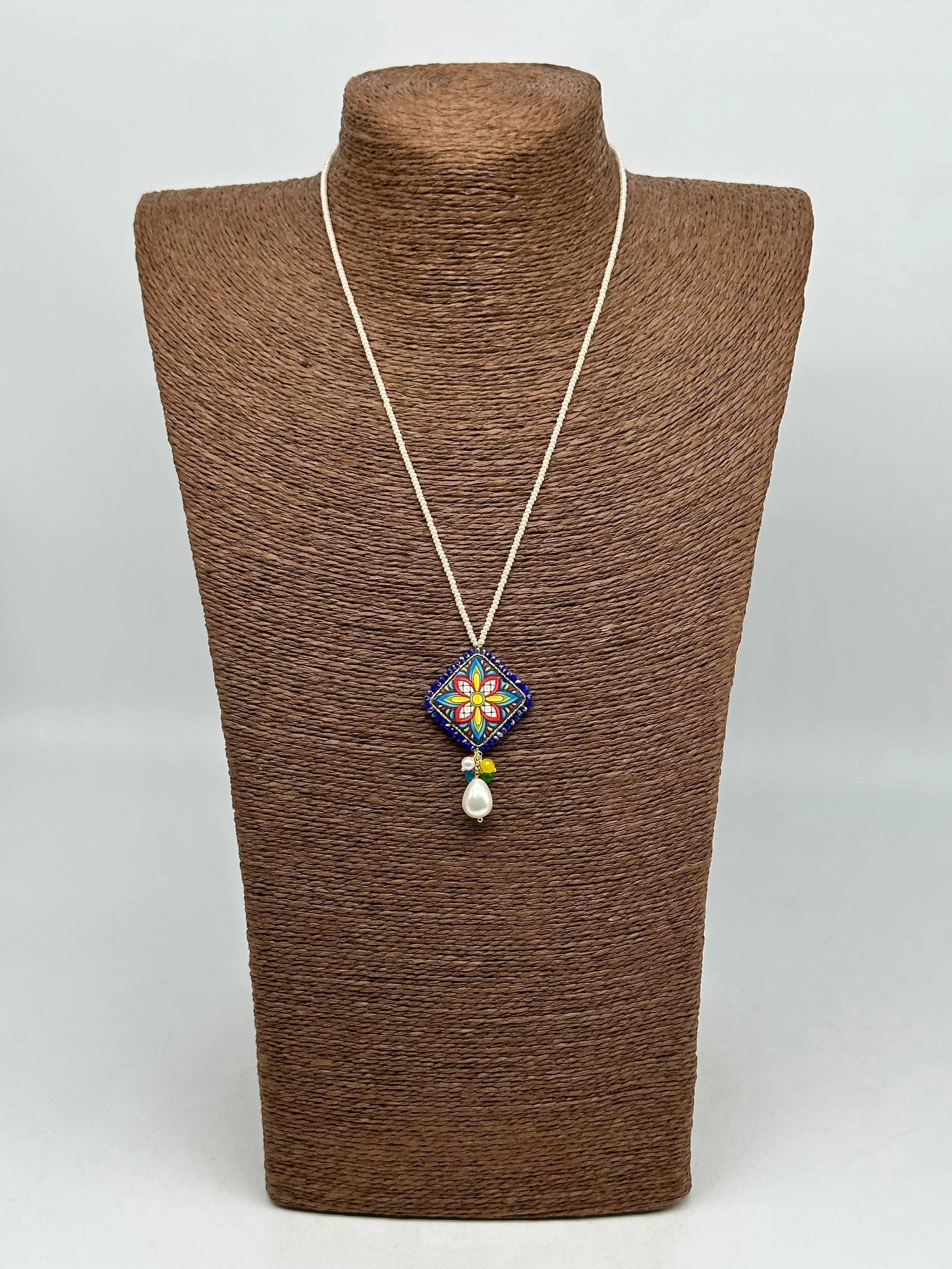 Lava Stone Tile Necklace Caltagirone Ceramic Blue Frame White Pearls
