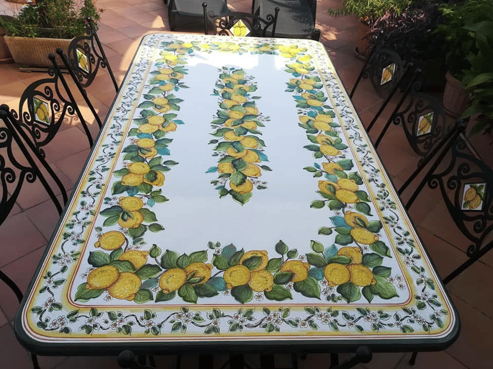 Thumbnail: Hand-Painted Rectangular Lava Stone Dining Table Sicilian Lemon Pattern