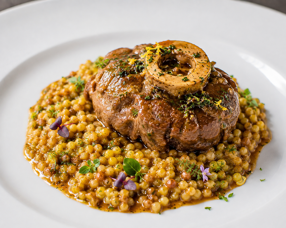 Braised Veal Ossobuco with Sardinian Fregola, Bone Marrow and Saffron