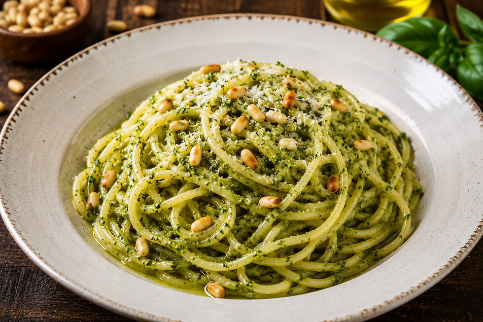 Spaghetti alla Chitarra al Pesto Genovese e Pinoli Tostati (Fresh Spaghetti alla Chitarra with Pesto Genovese and Toasted Pine Nuts)