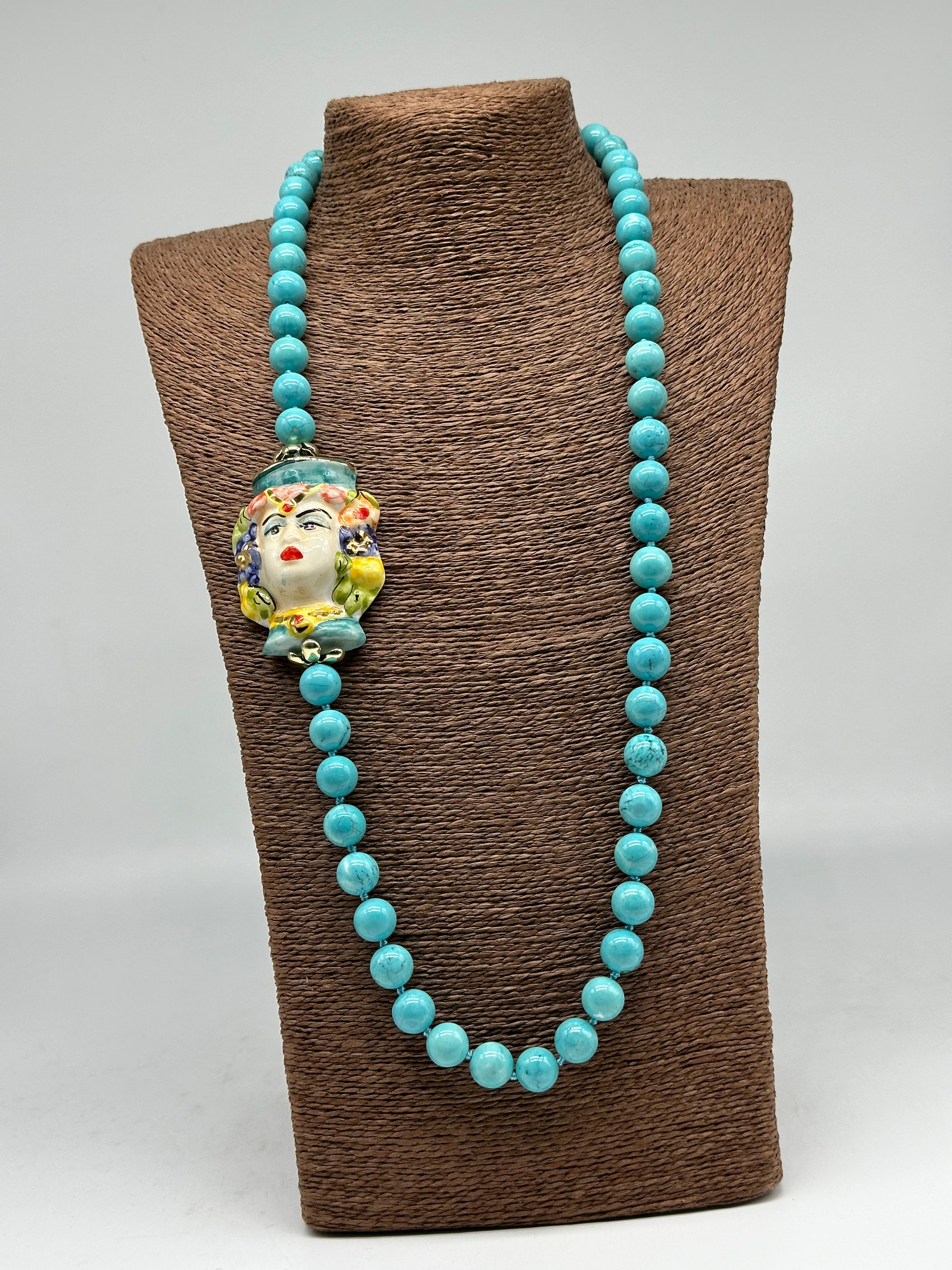 Sicilian Testa di Moro Ceramic Necklace with Turquoise Beads