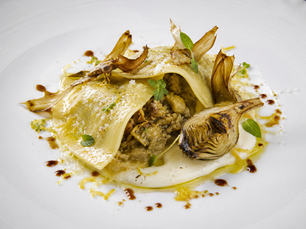 Raviolo Aperto di Carciofo, Ricotta Affumicata e Limone Bruciato (Italian Open Raviolo with Artichoke and Smoked Ricotta)