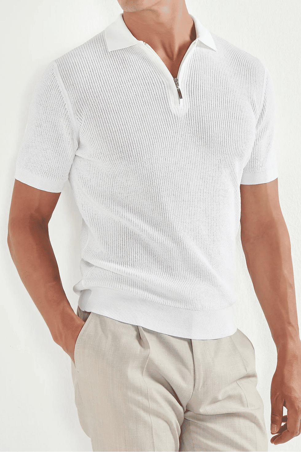 Thumbnail: Ribbed Zipped Polo - White