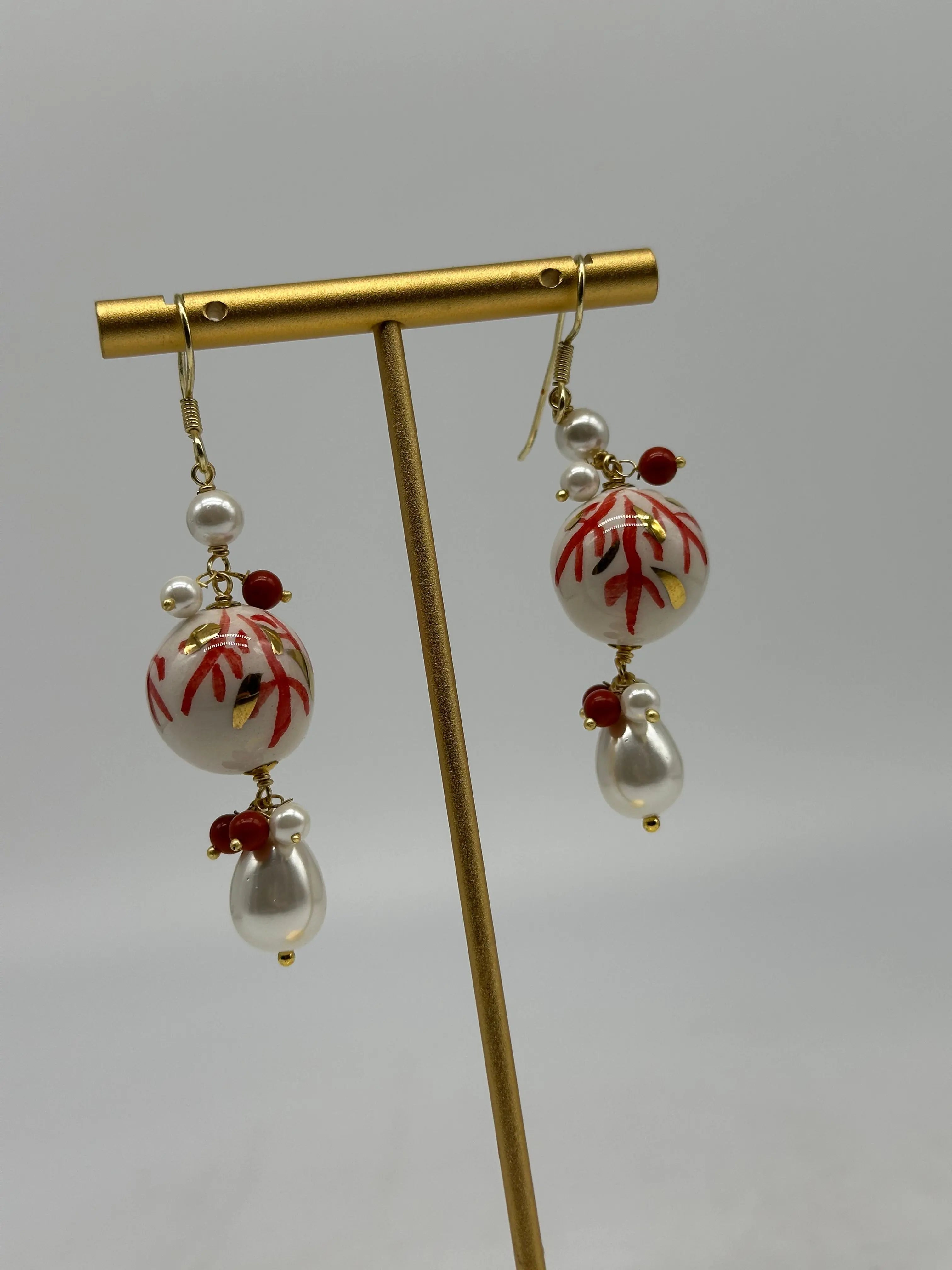 White Christmas Bauble Ceramic Earrings with Red Coral Accents