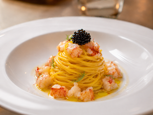 Tagliolini Freschi con Scampi, Zafferano, Champagne e Caviale di Aringa Affumicato (Italian Fresh Tagliolini with Scampi, Saffron, Champagne and Smoked Herring Caviar)