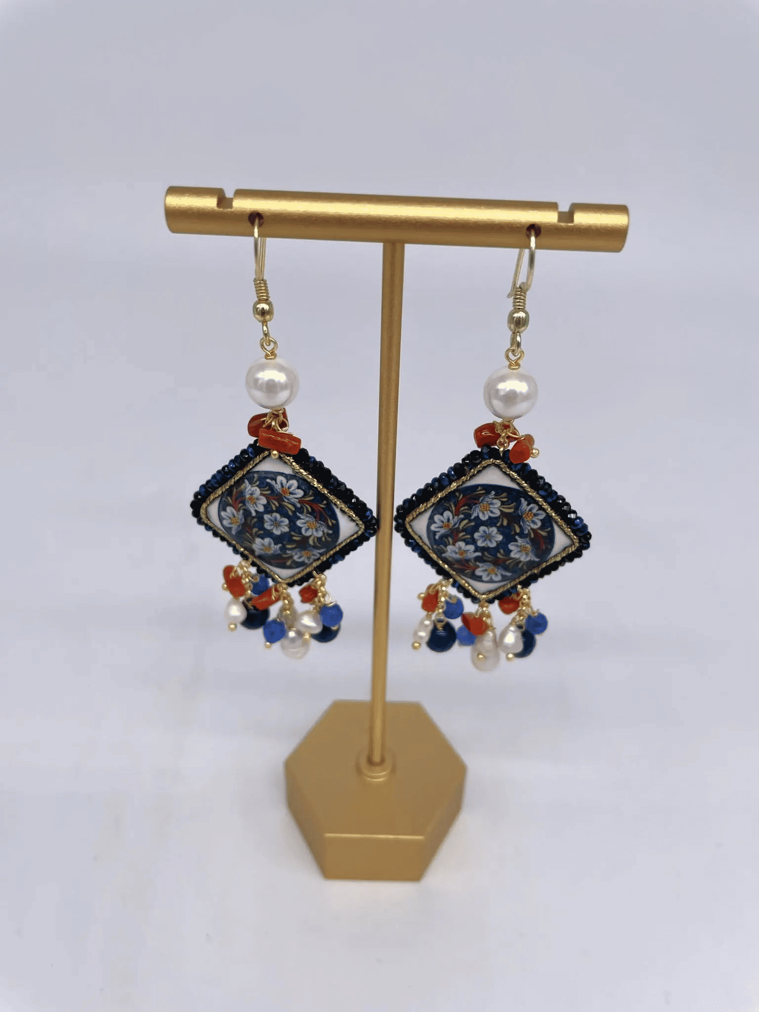 Caltagirone Style Enamelled Lava Stone Pendant Earrings with Blue Pearls