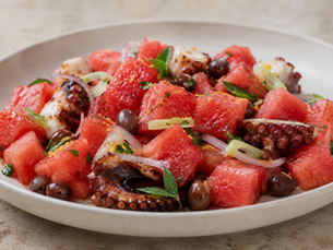 Insalata di Anguria, Polpo Arrosto e Olive Taggiasche Watermelon, Roasted Octopus and Taggiasca Olive Salad