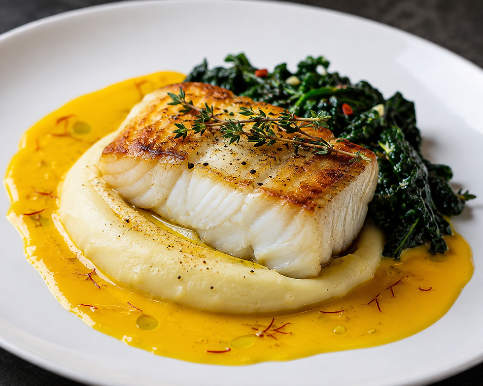 Italian Roasted Salt Cod with Smoked Potato Purée, Tuscan Kale and Saffron Sauce