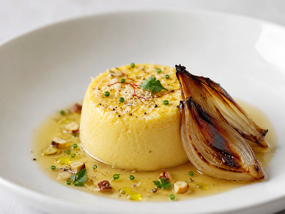 Flan di Ricotta allo Zafferano con Cipolla Arrostita, Fondo di Parmigiano e Mandorla Amara (Italian Saffron Ricotta Flan)