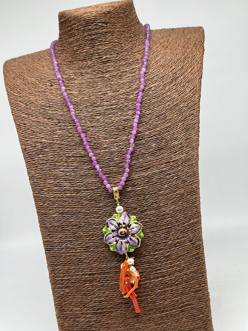 Thumbnail: Ceramic Flower Necklace Violet with Coral and Pearls