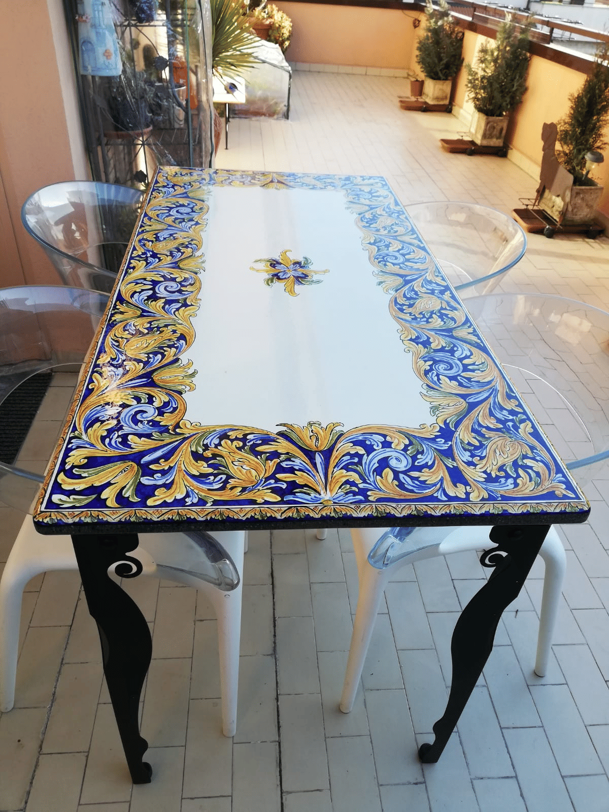Rectangular Etna Lava Stone Dining Table with Floral Motif